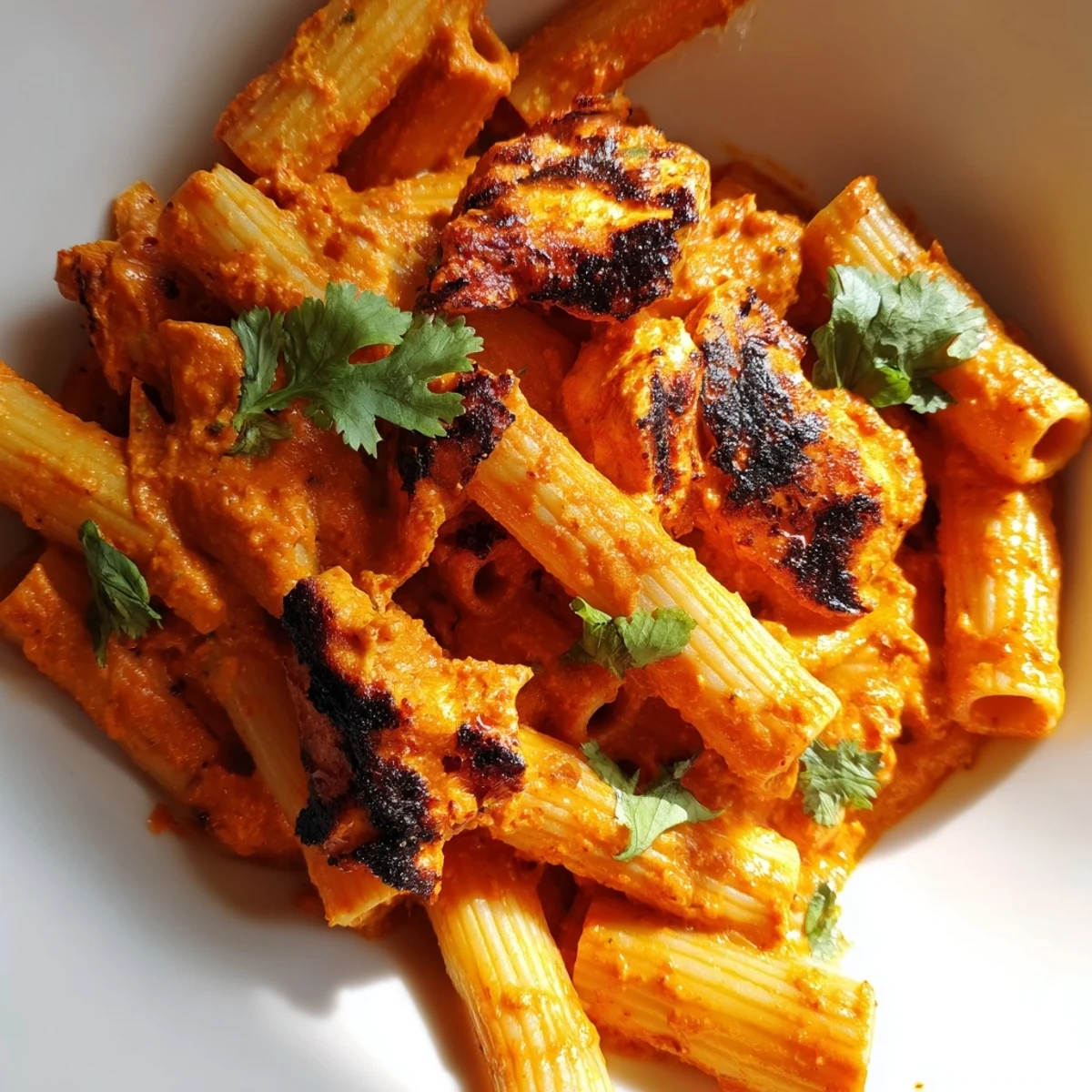 A close-up of Chicken Tikka Pasta, with penne noodles coated in a creamy, spiced tomato sauce and tender charred chicken pieces, garnished with fresh cilantro.