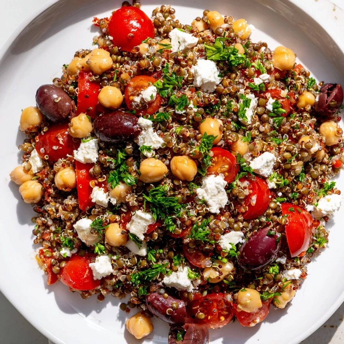 A vibrant Greek Power Salad with lentils, quinoa, chickpeas, and fresh vegetables tossed in a zesty vinaigrette.