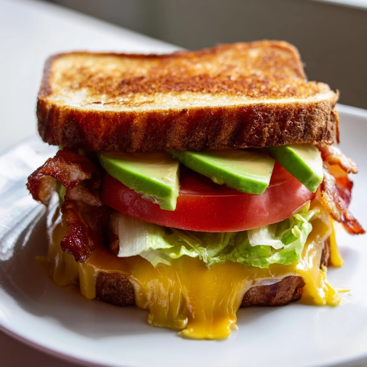 Golden-brown Avocado BLT Grilled Cheese oozing melted cheddar, stacked with crispy bacon, juicy tomato, and fresh lettuce.  