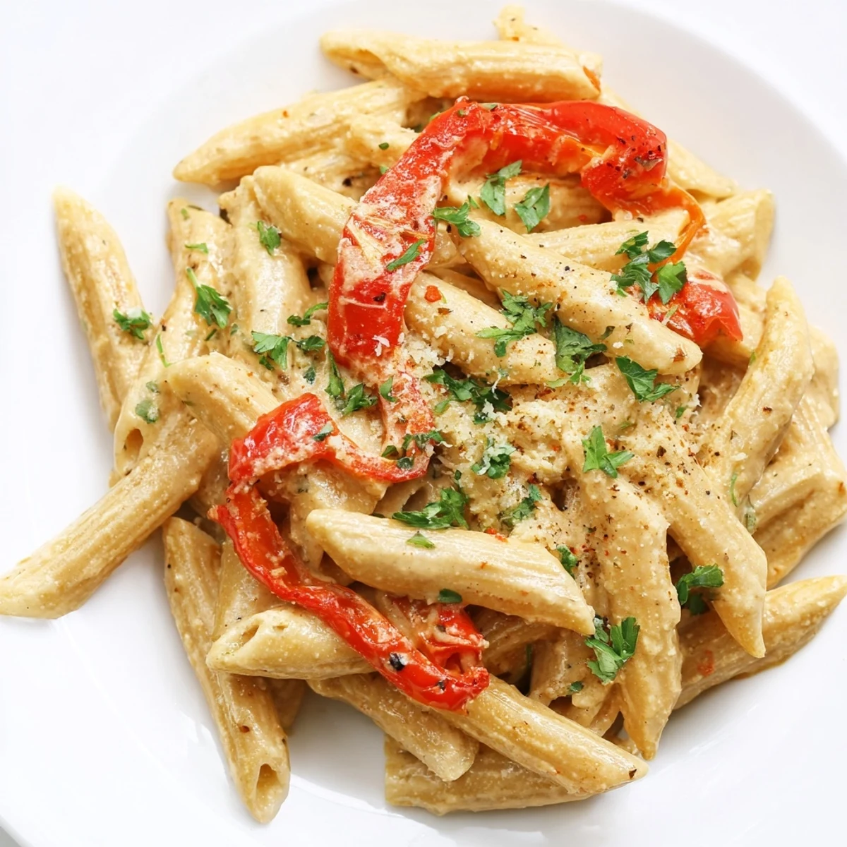Creamy Cajun pasta with al dente penne, roasted red bell peppers, and a rich, smoky sauce garnished with fresh parsley.  