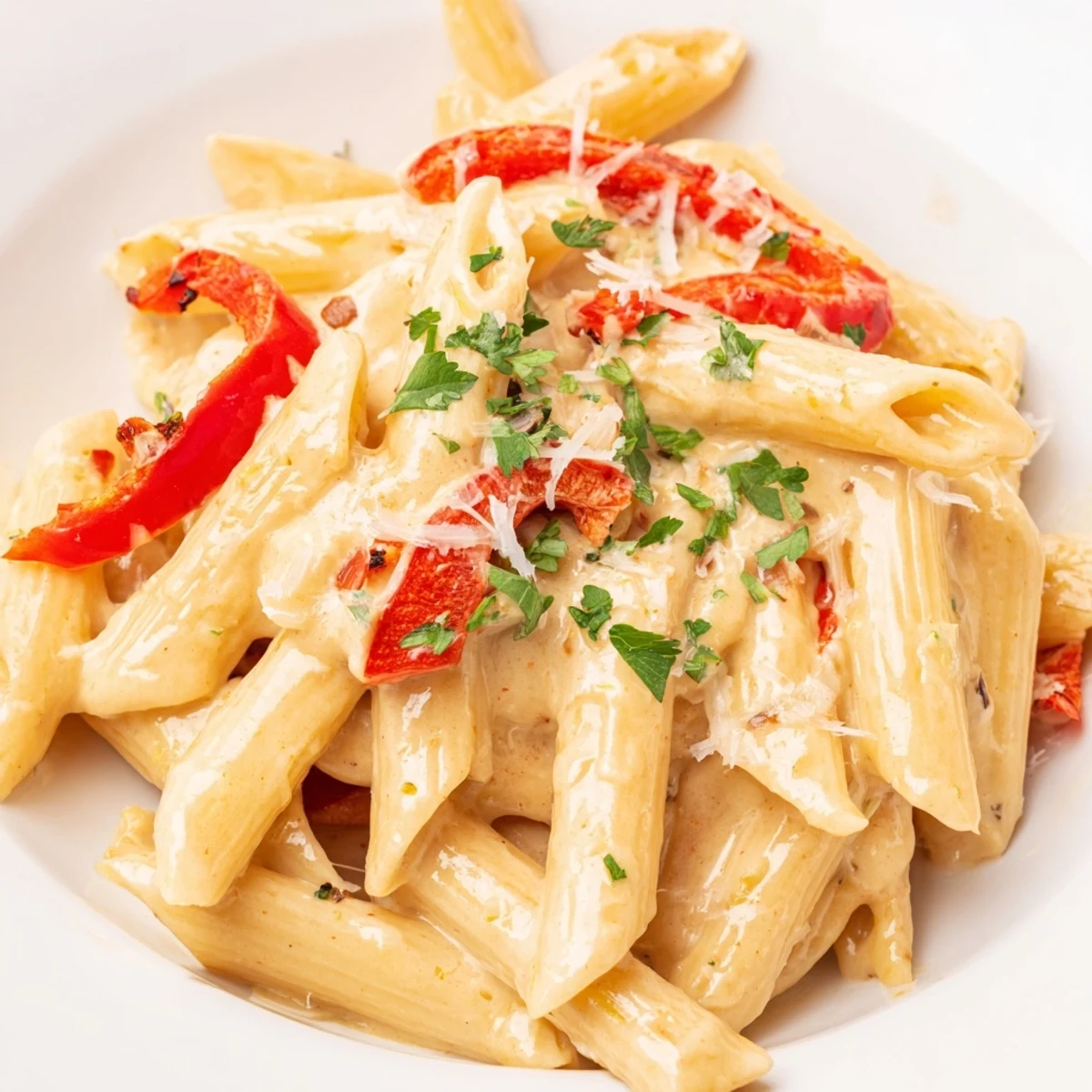 A close-up of Creamy Cajun pasta tossed in a velvety sauce, featuring roasted peppers and freshly grated Parmesan for extra flavor.  