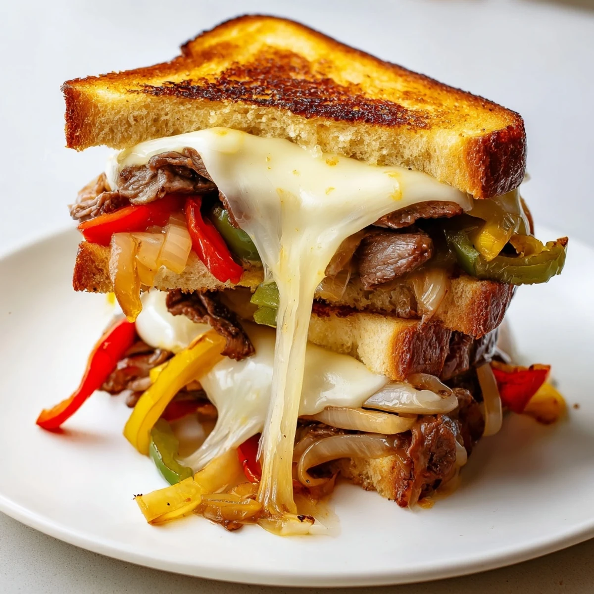 Close-up of a gooey Philly Cheesesteak Grilled Cheese, showcasing juicy steak and caramelized onions between buttery sourdough.
