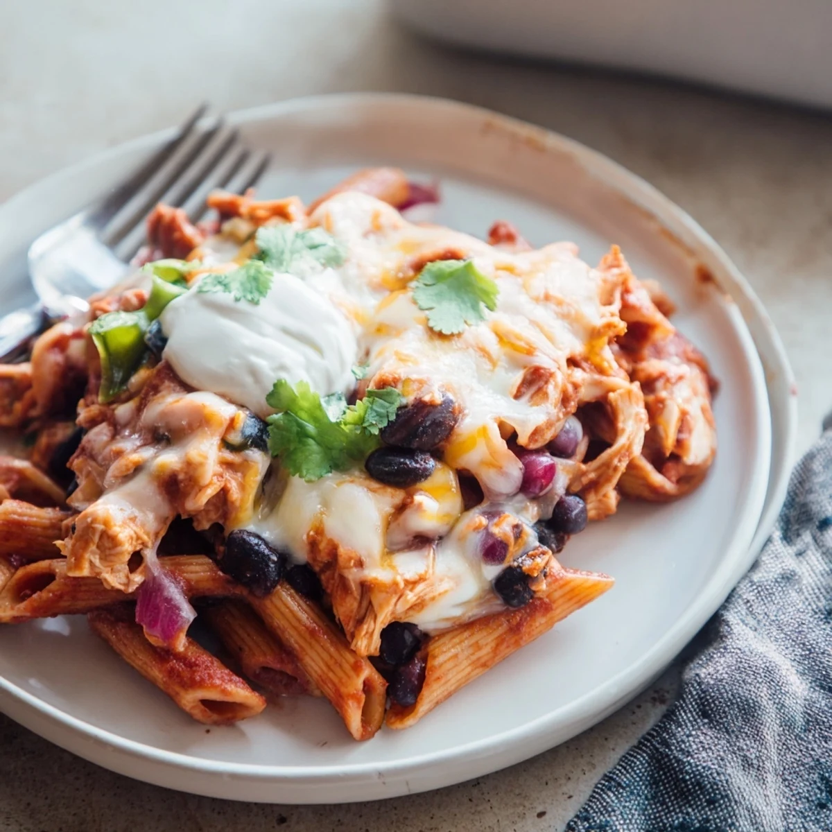 Steaming bowl of Chicken Enchilada Pasta with melted cheddar and Monterey Jack cheese and black beans.