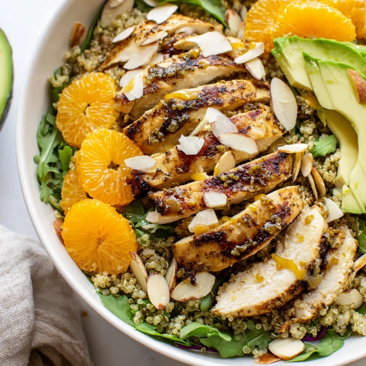 Zesty Citrus Herb Chicken Salad Bowl showcasing herb-marinated grilled chicken, sliced avocado, and bright citrus vinaigrette drizzled over quinoa and greens.