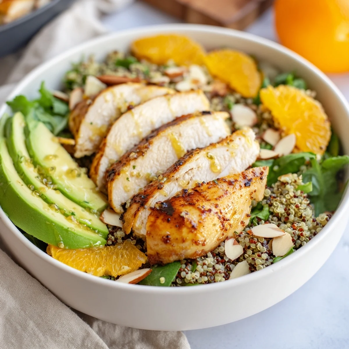 Vibrant Citrus Herb Chicken Salad Bowl with juicy orange segments, creamy avocado, and grilled chicken over fluffy quinoa and fresh greens.