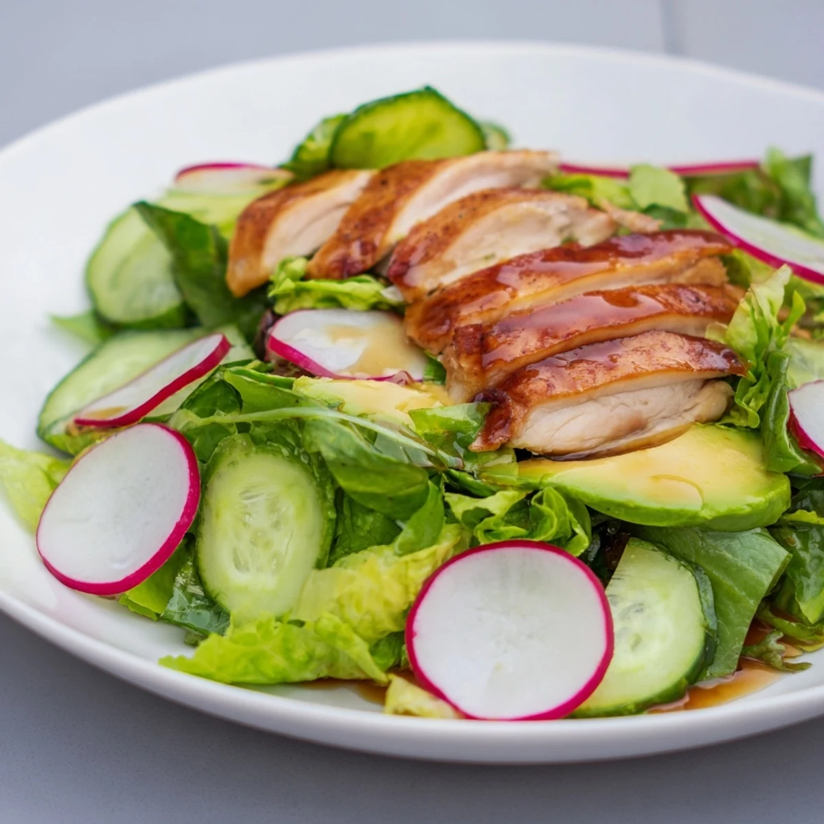 A close-up of Spring Detox Chicken Salad shows juicy grilled chicken and crisp vegetables, glistening with fresh lemon vinaigrette.