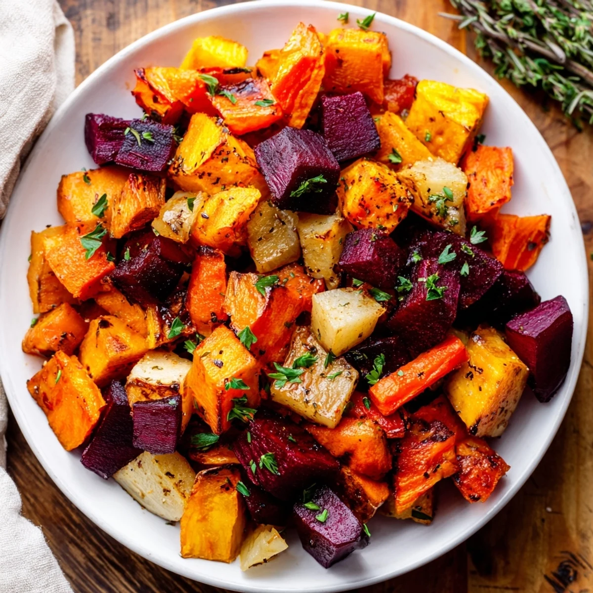 Roasted Root Vegetable Medley, featuring caramelized carrots, parsnips, and sweet potatoes garnished with fresh parsley.