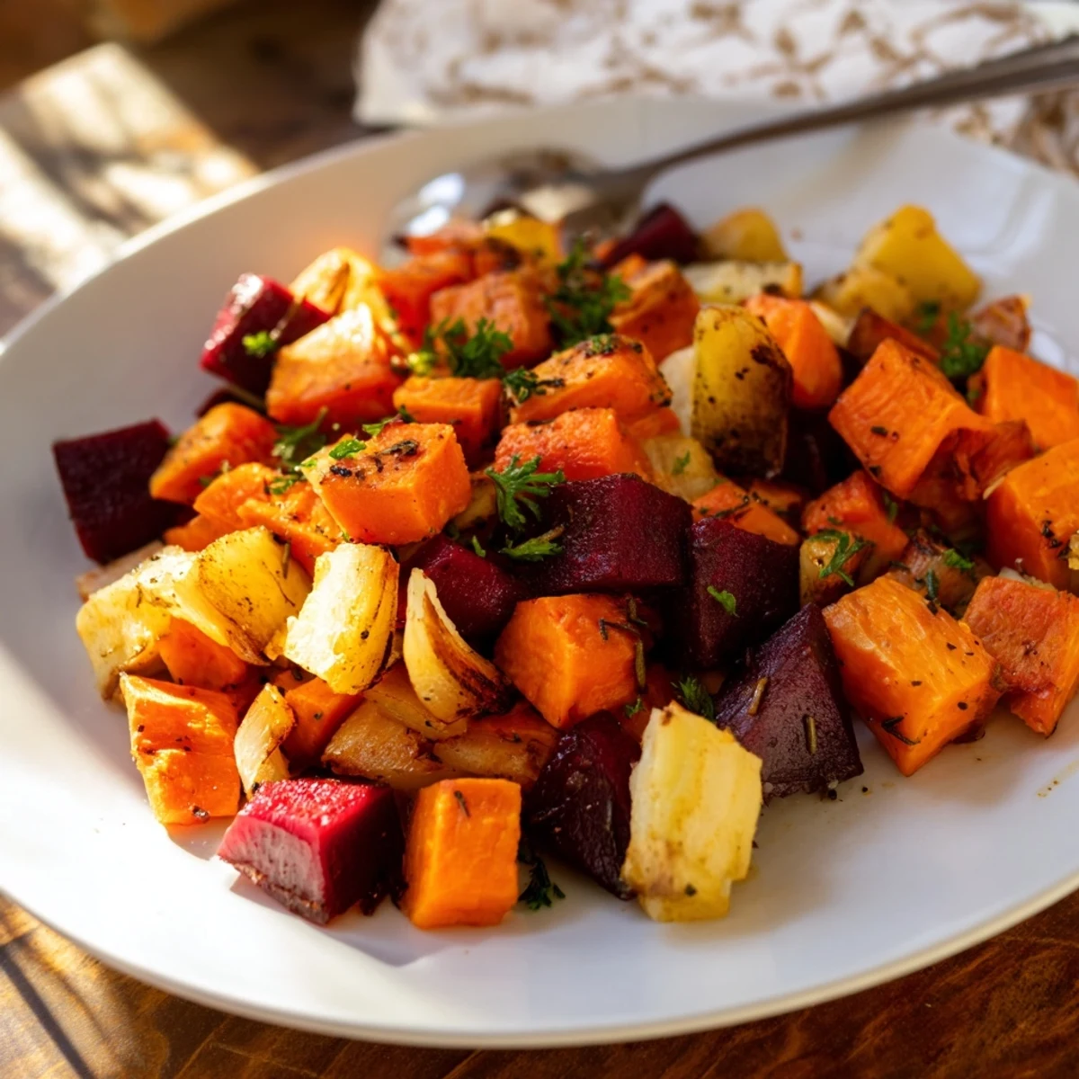 A vibrant Roasted Root Vegetable Medley, showcasing tender beets and rutabaga glistening with rosemary and thyme.