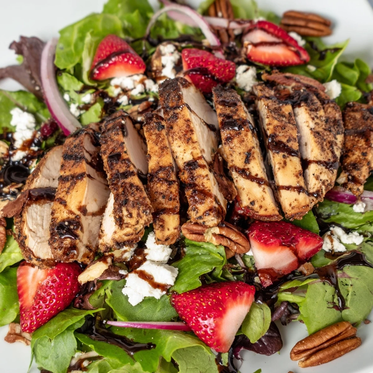 Grilled Honey Balsamic Chicken Salad with sliced strawberries, crumbled goat cheese, and mixed greens on a rustic table.