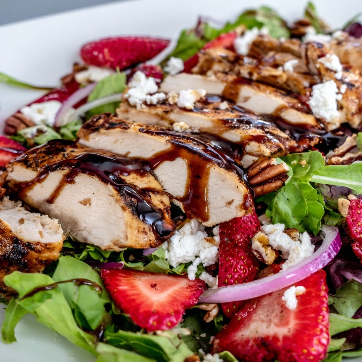 Sliced grilled chicken, fresh strawberries, and creamy goat cheese drenched in honey balsamic glaze on a bed of greens.