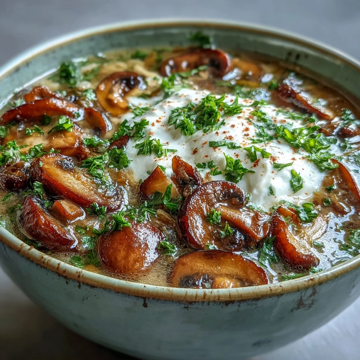 Creamy Mushroom Stroganoff Soup steaming in a rustic bowl, topped with fresh parsley and a dollop of sour cream.