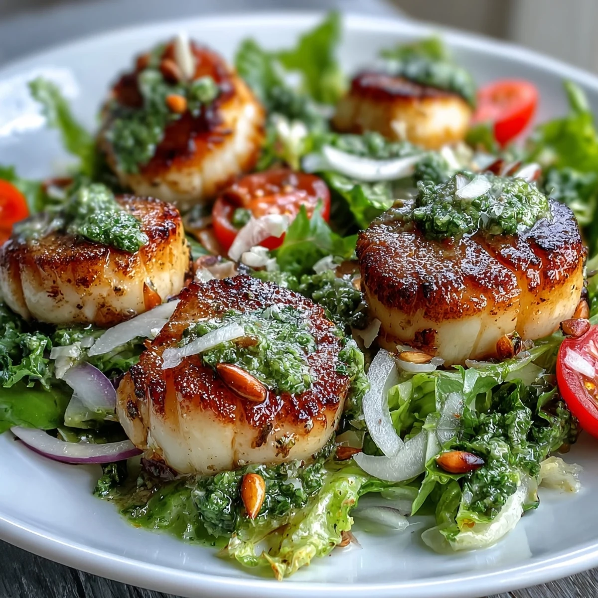 Plump, pan-seared scallops resting on a bed of fresh escarole salad featuring shaved Parmesan and toasted pine nuts.