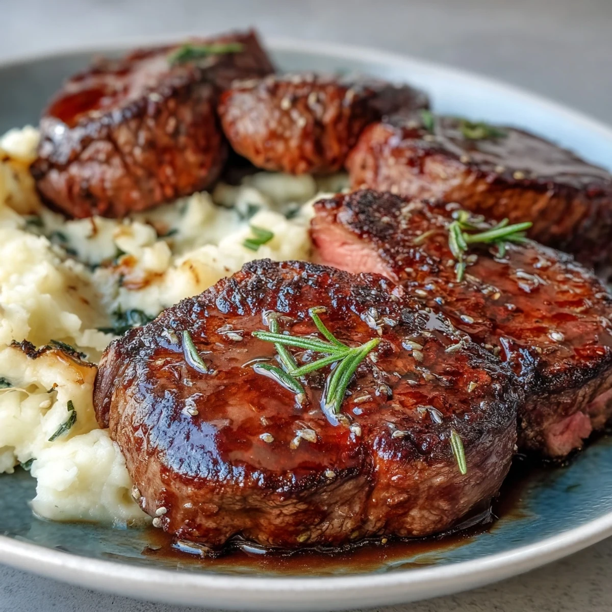Hearty venison steaks served on a plate of savory swede mash, with an optional rich red wine sauce drizzled over.