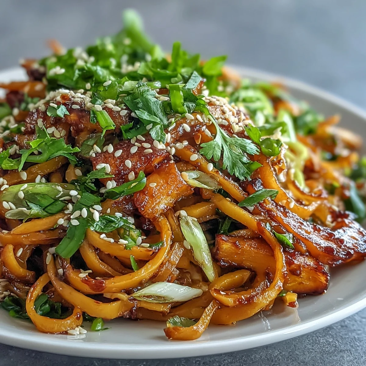 Gochujang Swede Noodles with tender roasted ribbons and a vibrant, spicy sauce.