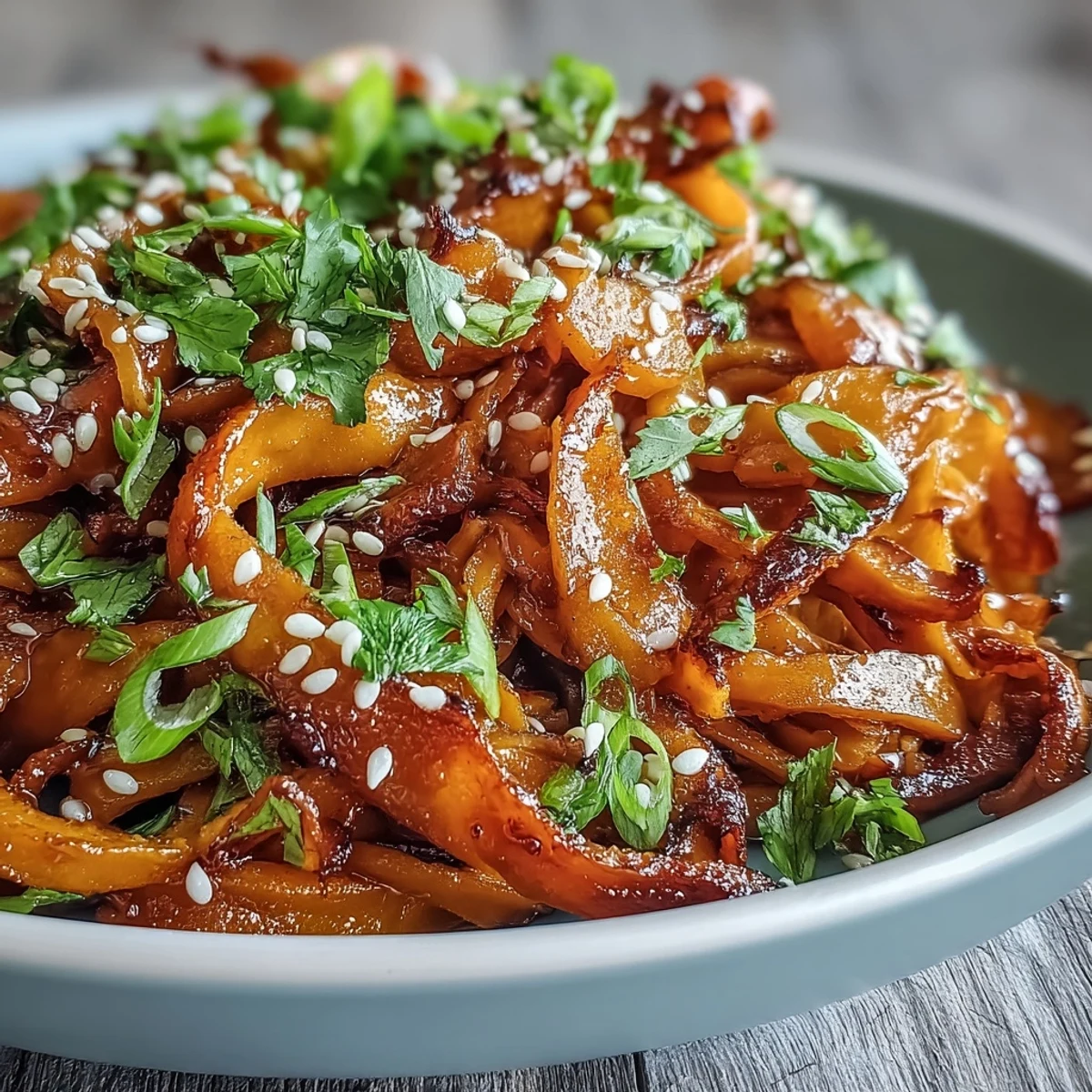 Colorful Gochujang Swede Noodles with noodles, garnished with fresh cilantro and sesame.