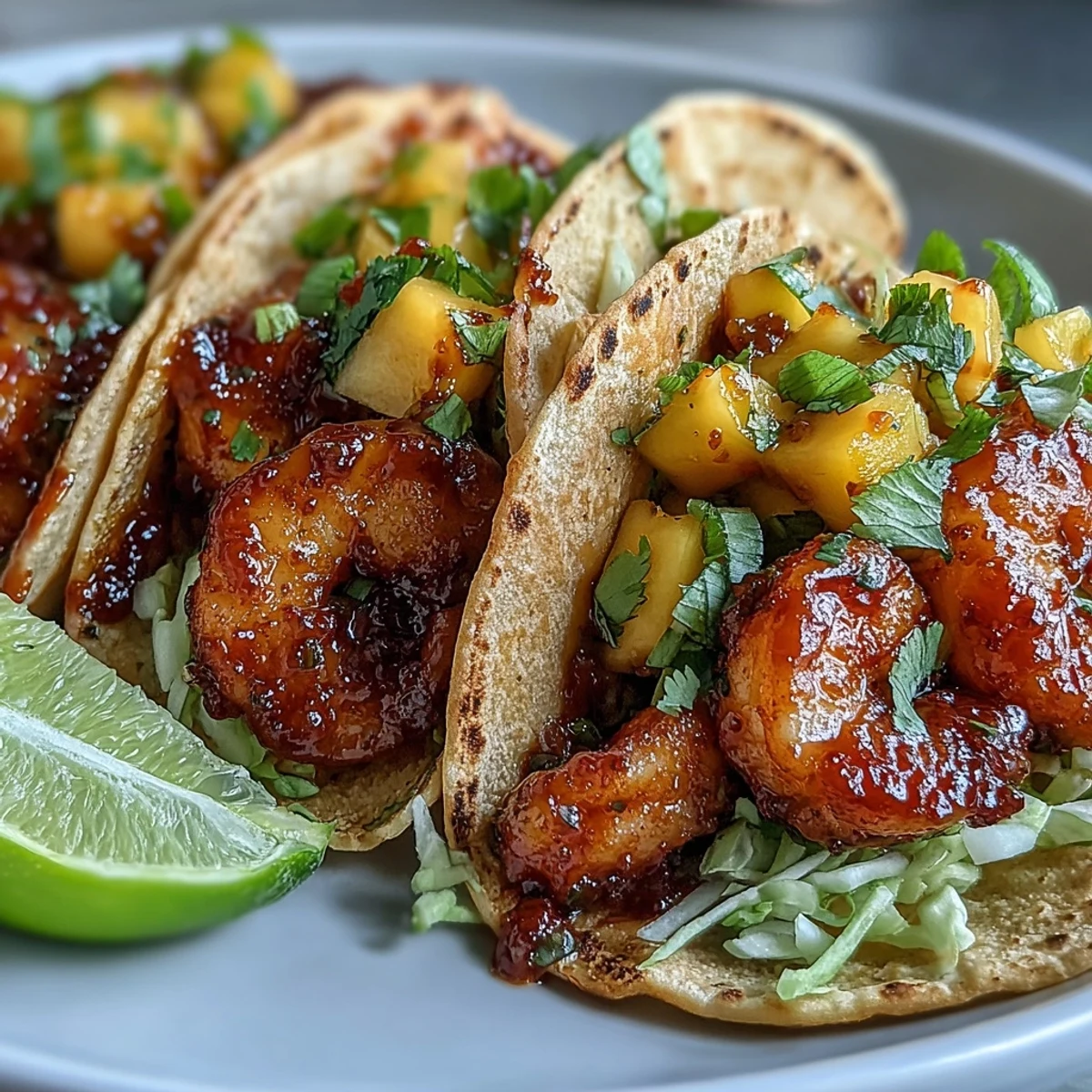 Warm corn tortillas cradle spicy sriracha shrimp and bright mango salsa, topped with crisp shredded red cabbage for a colorful taco night.