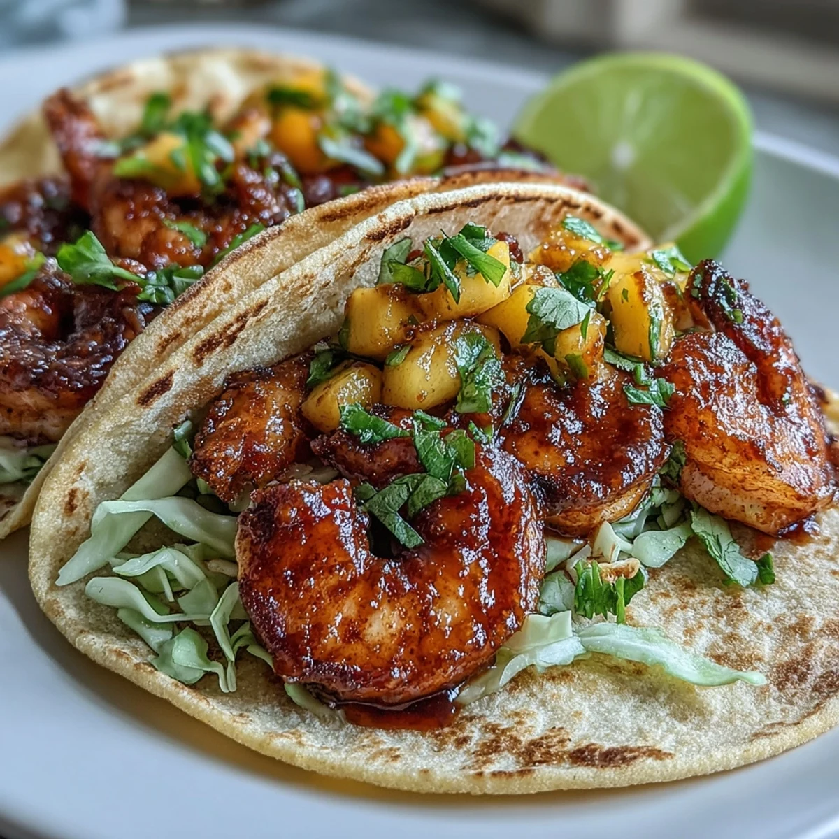 Golden shrimp tacos with homemade sriracha sauce and zesty mango salsa, garnished with cilantro and served with lime for a tangy kick.
