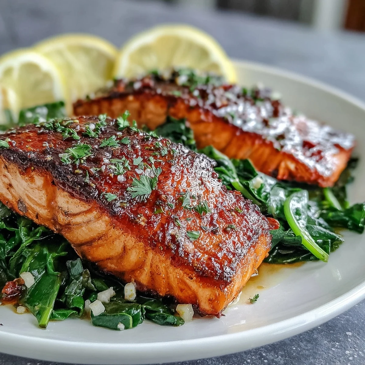Crispy air fryer salmon fillets with crackling golden skin, served over sautéed Swiss chard and bright lemon wedges.