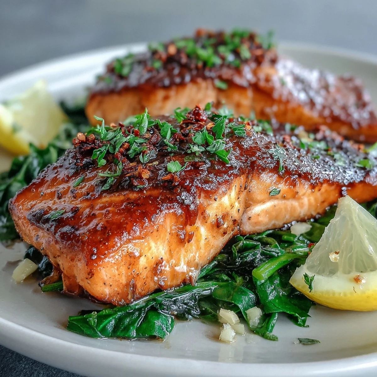 Perfectly cooked salmon with extra-crisp skin on garlicky Swiss chard, garnished with fresh lemon for a bright finish.