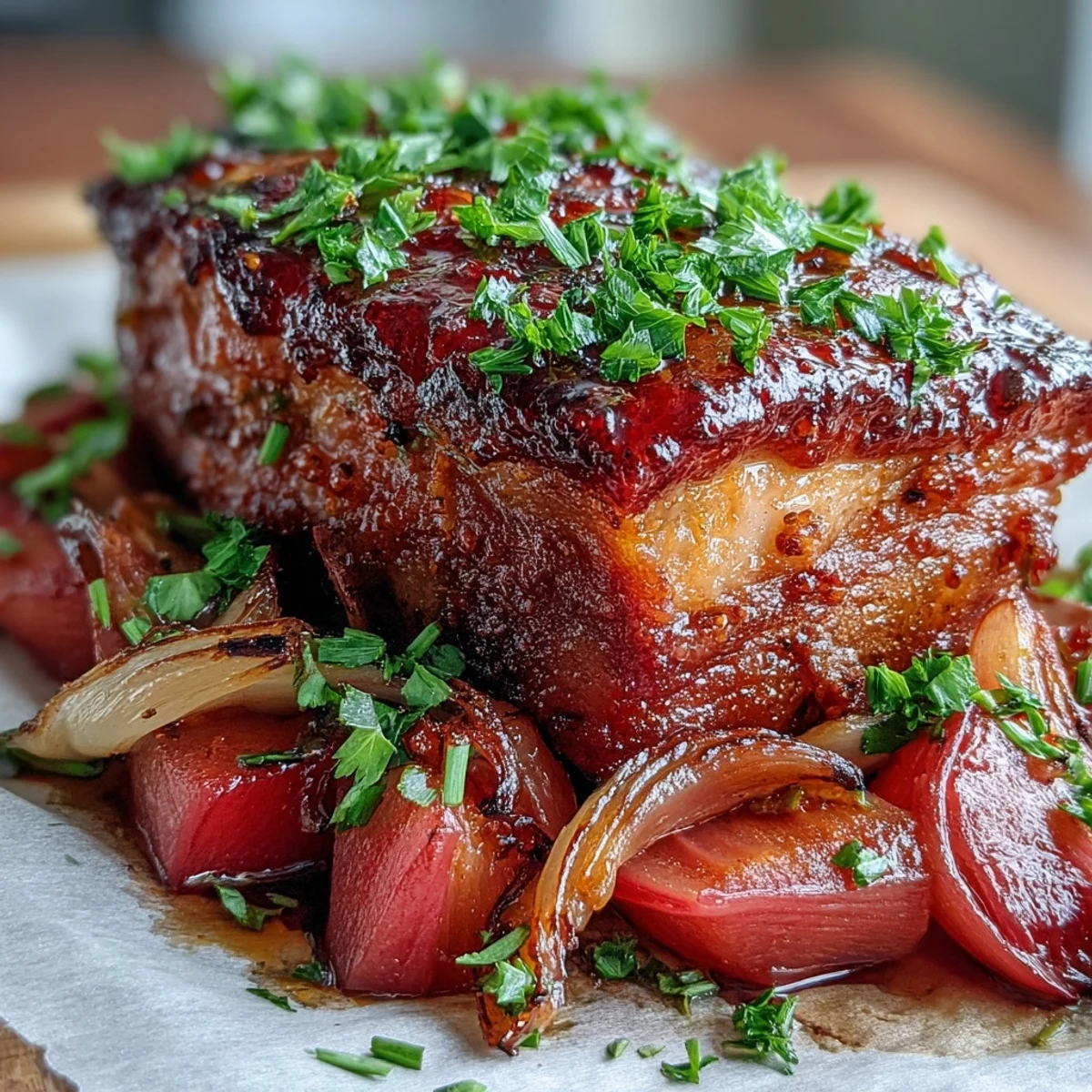 Golden, caramelized slices of roasted pork shoulder with tender tangy rhubarb and caramelized onions on the Pork and Aromatic Rhubarb Traybake.