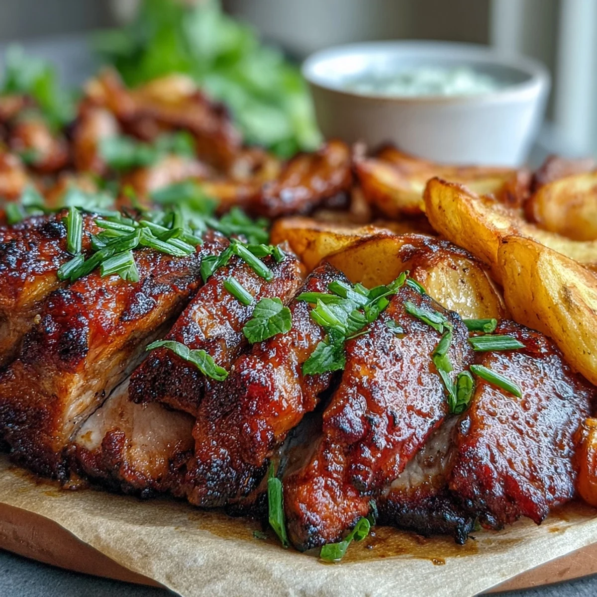 Freshly chopped parsley garnish adds a bright green finish to the gluten-free Pork and Aromatic Rhubarb Traybake served on a rustic platter.