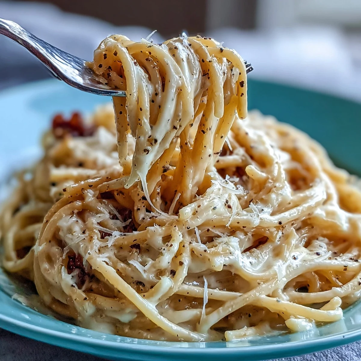 A serving spoon lifts a portion of Cacio e Pepe, revealing the creamy, emulsified sauce coating each strand of spaghetti.