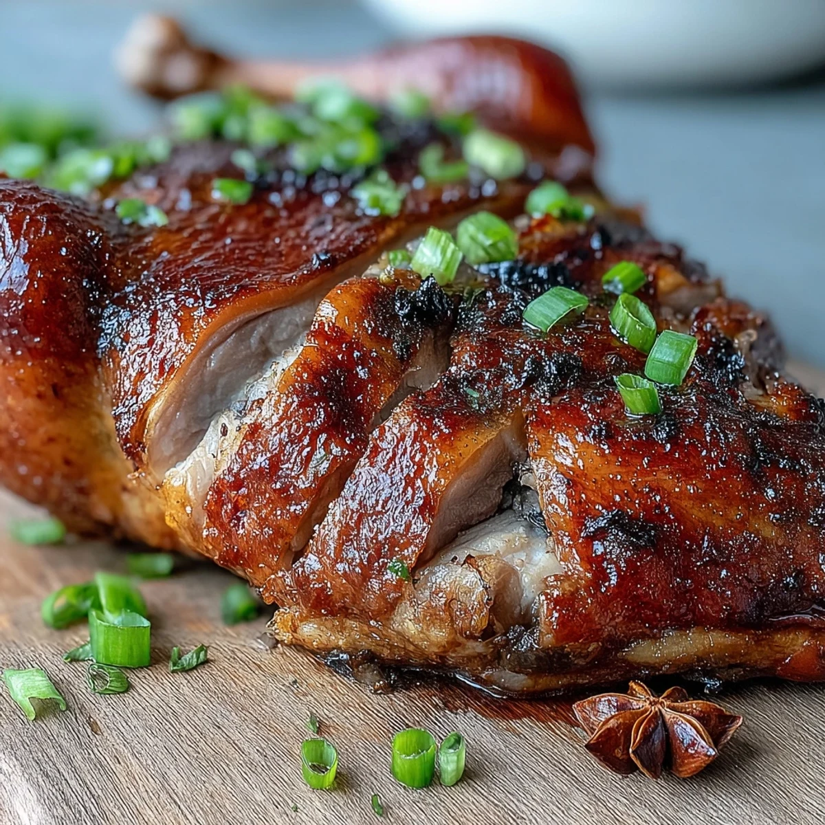 Juicy Five-Spice Roast Duck with crispy, aromatic skin garnished with spring onions, ready for a romantic dinner.