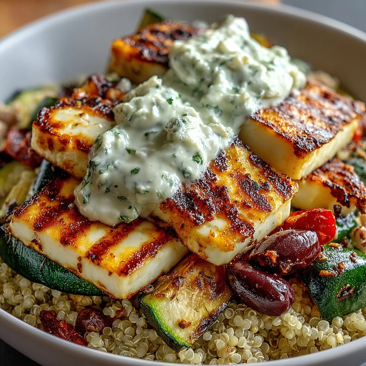 Grilled zucchini and bell peppers top a bowl of nutty quinoa for this Healthy Grilled Mediterranean Bowl, finished with feta and tzatziki.