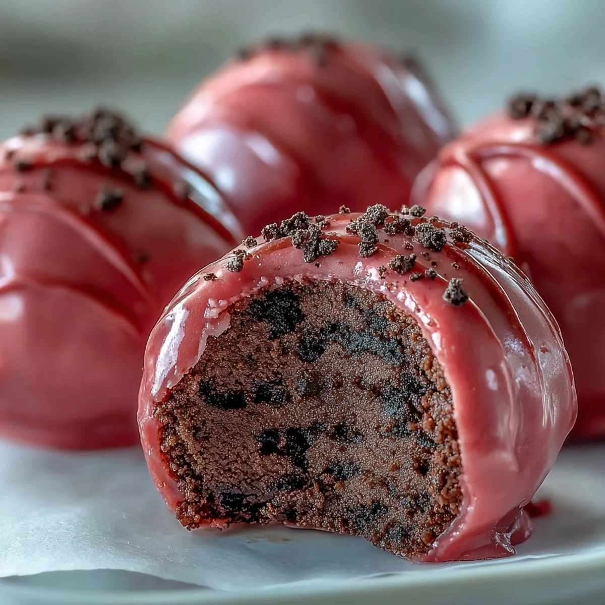 Glossy Oreo Truffle Balls with Pink Candy Coating rest on parchment, showing a firm snap from the candy shell.