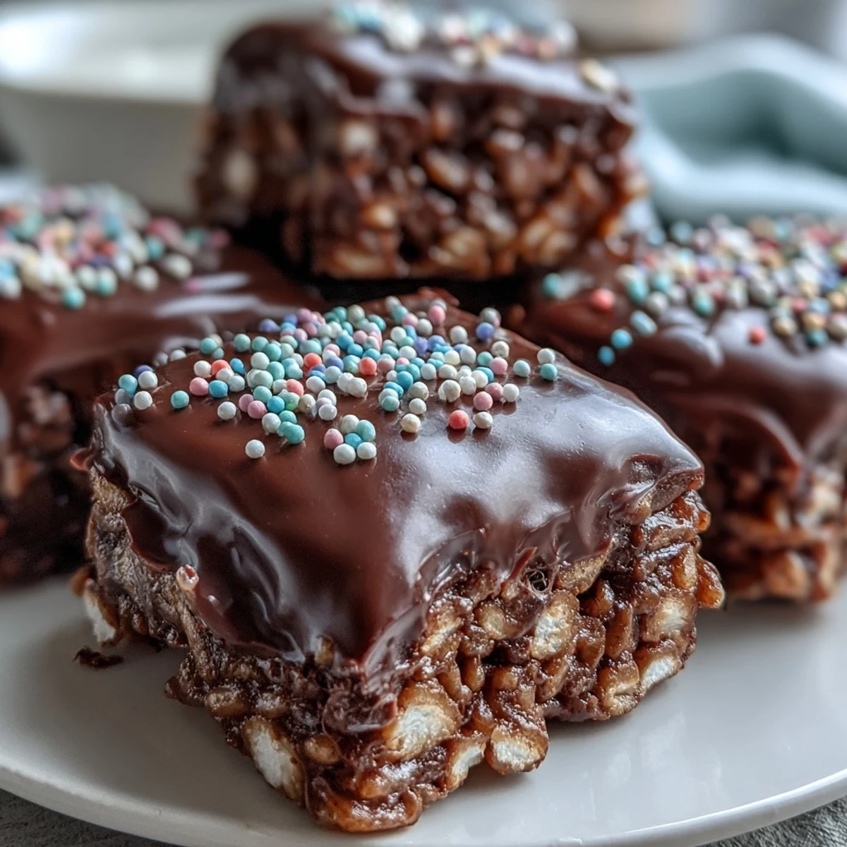 Close-up of Chocolate Covered Rice Krispy Treats showing crunchy cereal texture and gooey marshmallow layers drenched in rich melted chocolate.