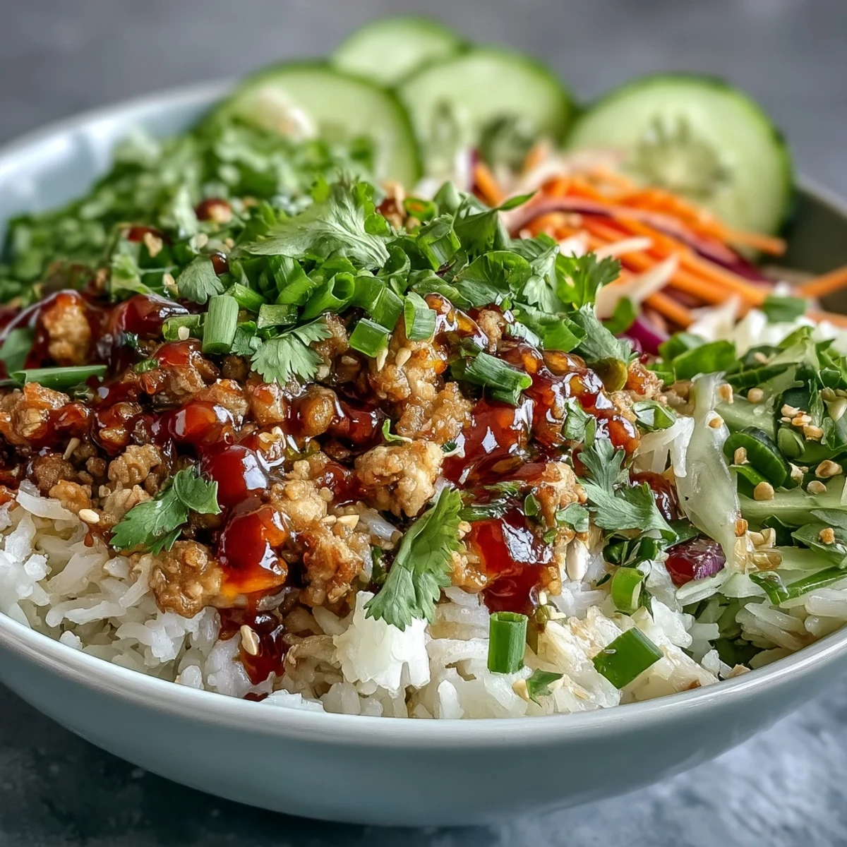 Steamed rice and saucy turkey topped with crunchy carrots and cucumbers in Bang Bang Ground Turkey Rice Bowls.