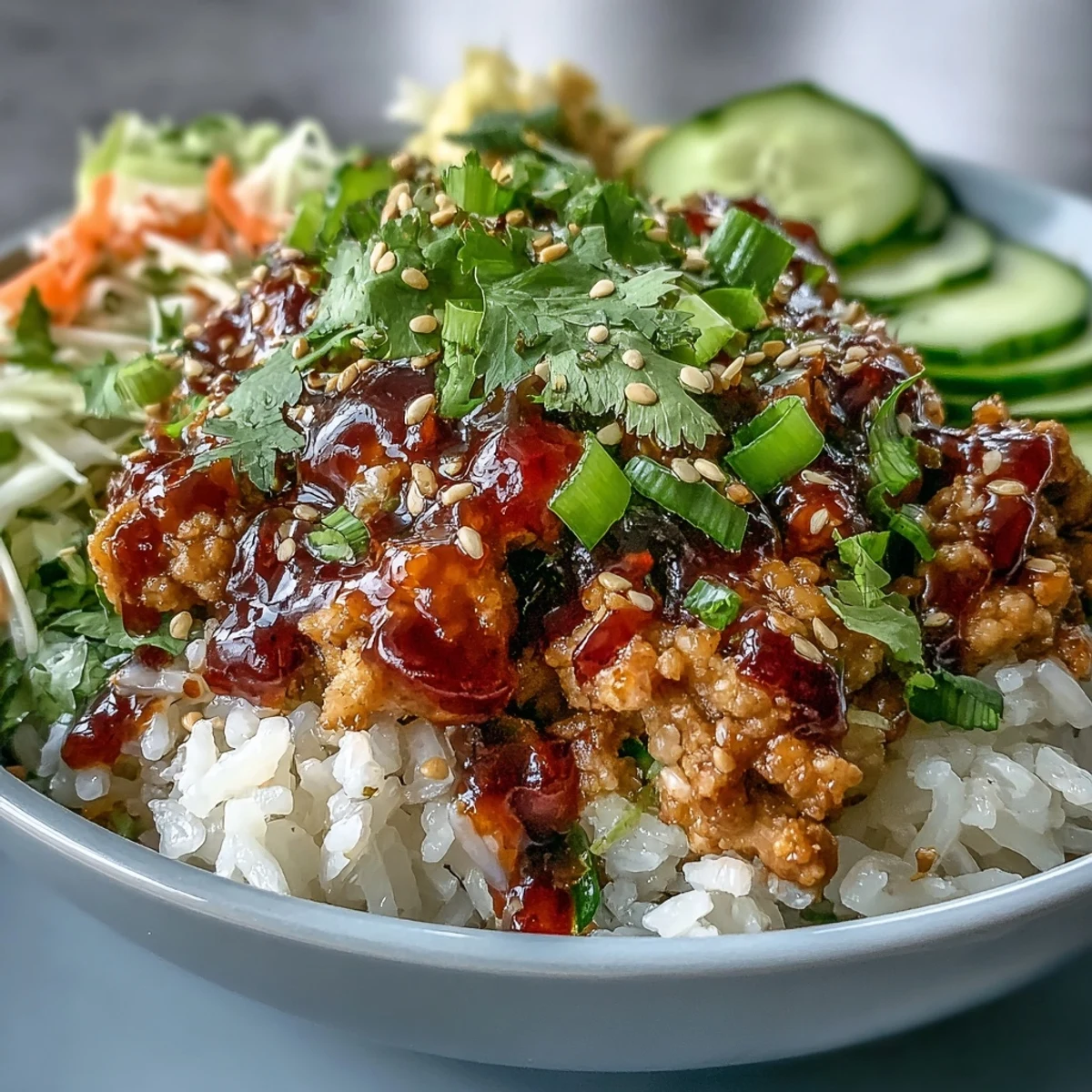 Tender ground turkey in creamy bang bang sauce served over fluffy rice with crisp veggies and scallions.