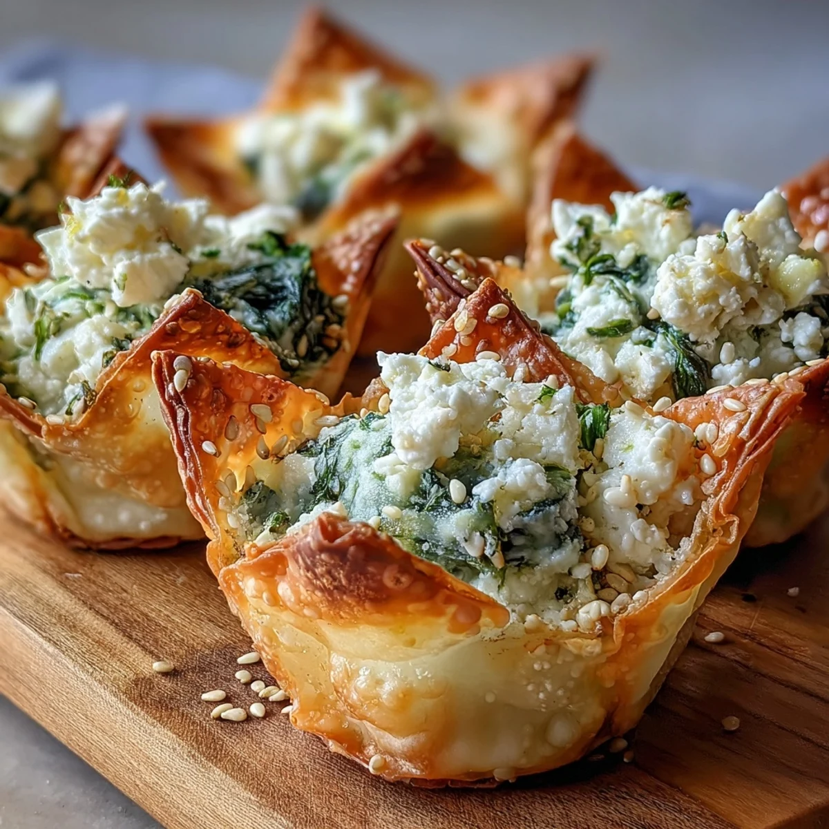 Golden-baked wonton cups filled with creamy feta and wilted spinach for a Mediterranean appetizer.