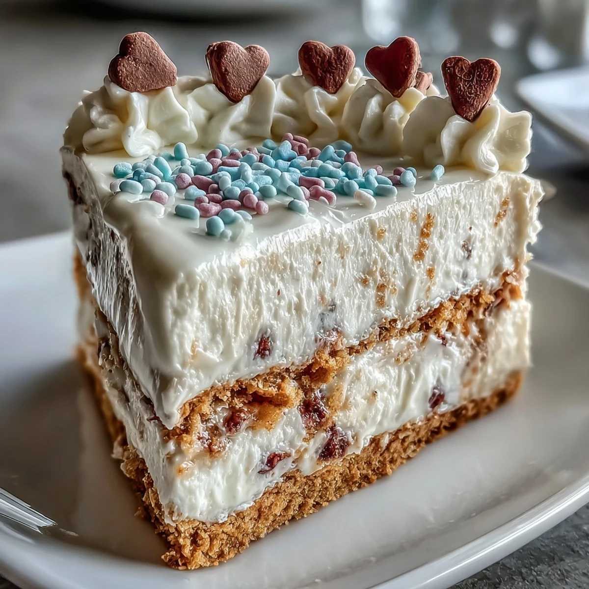 A whole Candy Hearts Fake Cake with pink whipped frosting and pastel conversation hearts, ready to serve with tea or rosé.