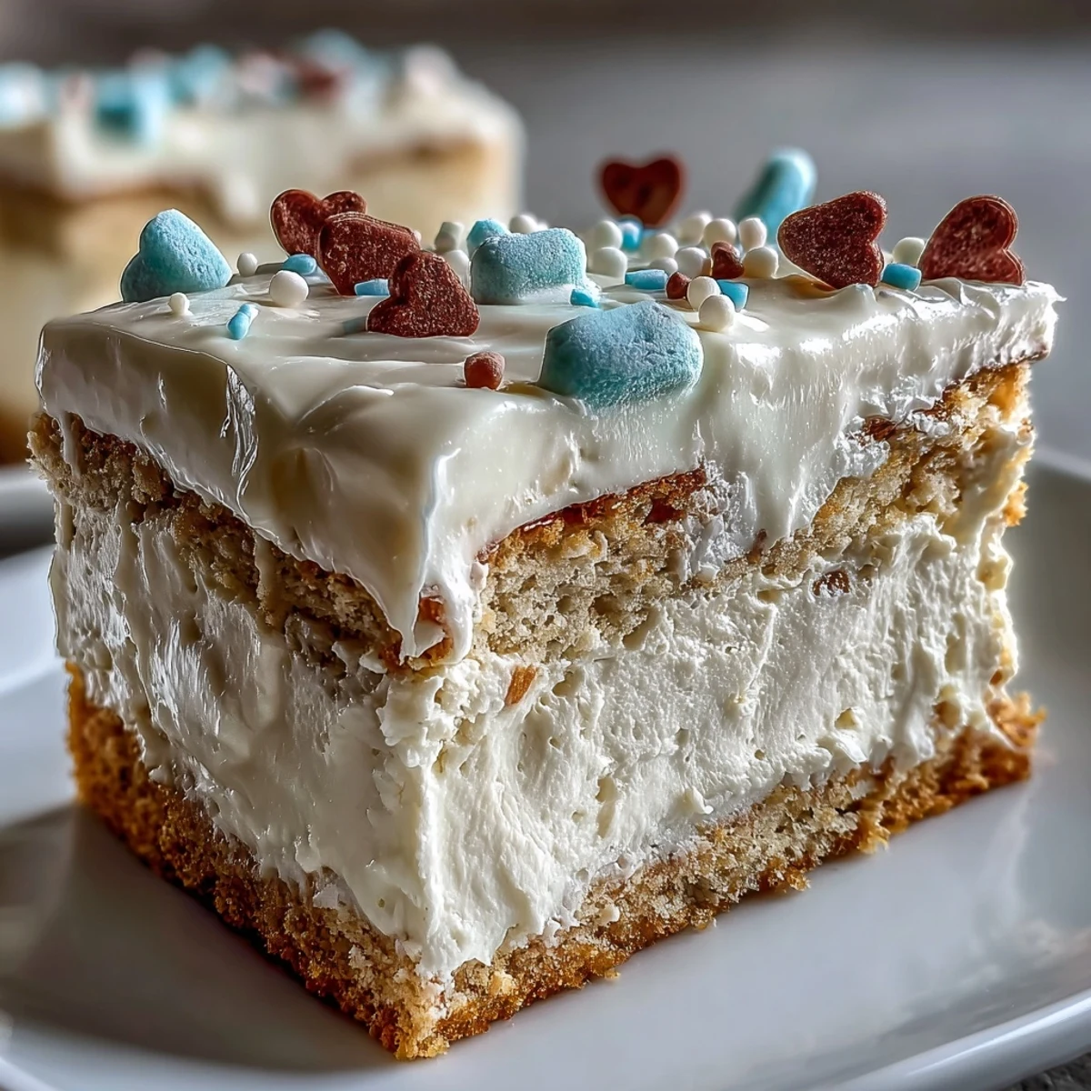 Vibrant slices of Candy Hearts Fake Cake show a creamy filling and graham cracker crust, plated with extra hearts and sprinkles.