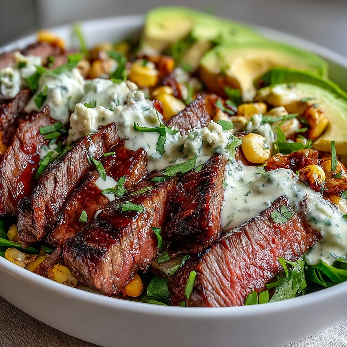 Close-up on juicy steak and golden charred corn beside creamy avocado and lime wedges, ready for a savory dinner.