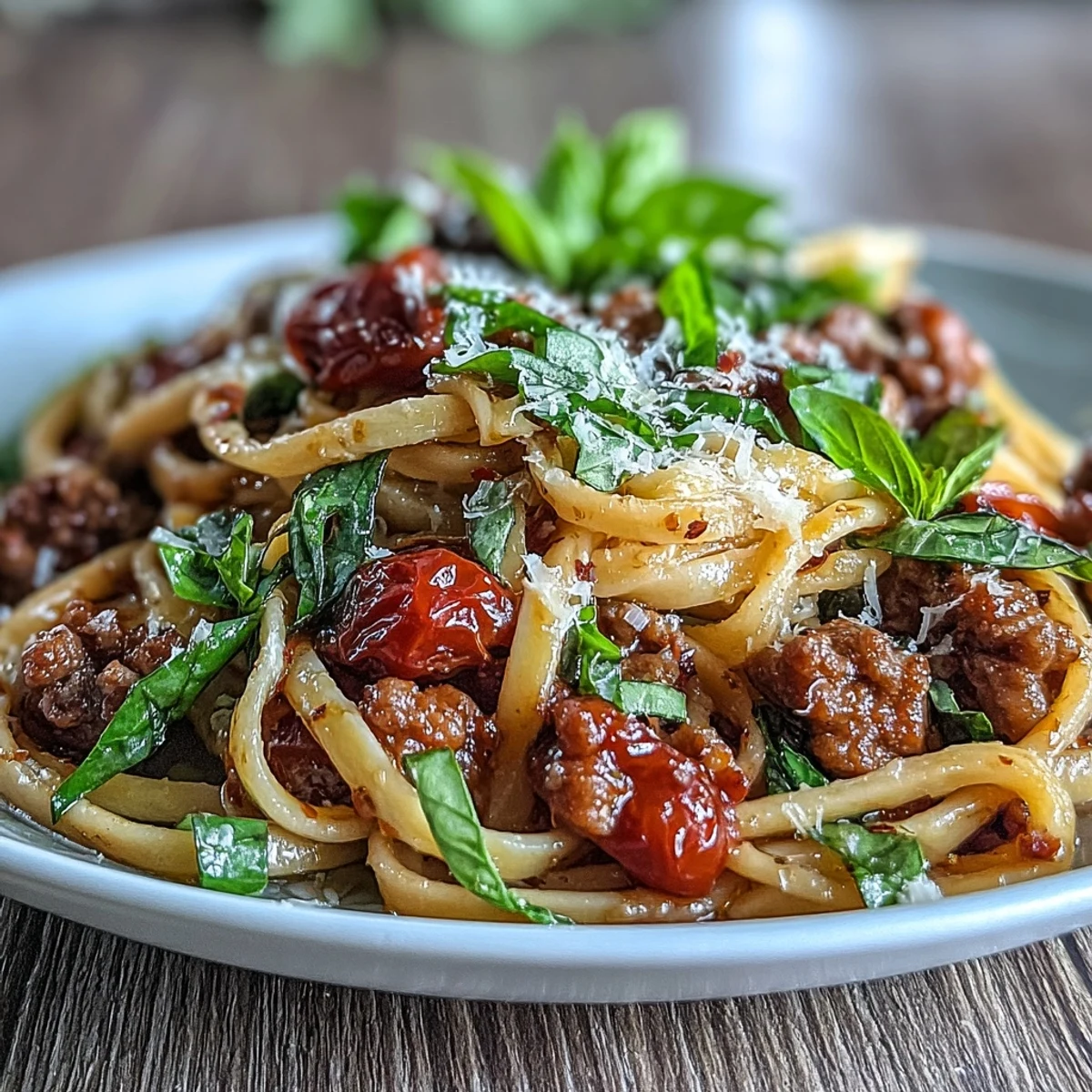 Shrimp version of Italian Drunken Noodles tossed with garlic, onions, and parsley, served in a white bowl with lemon wedges.