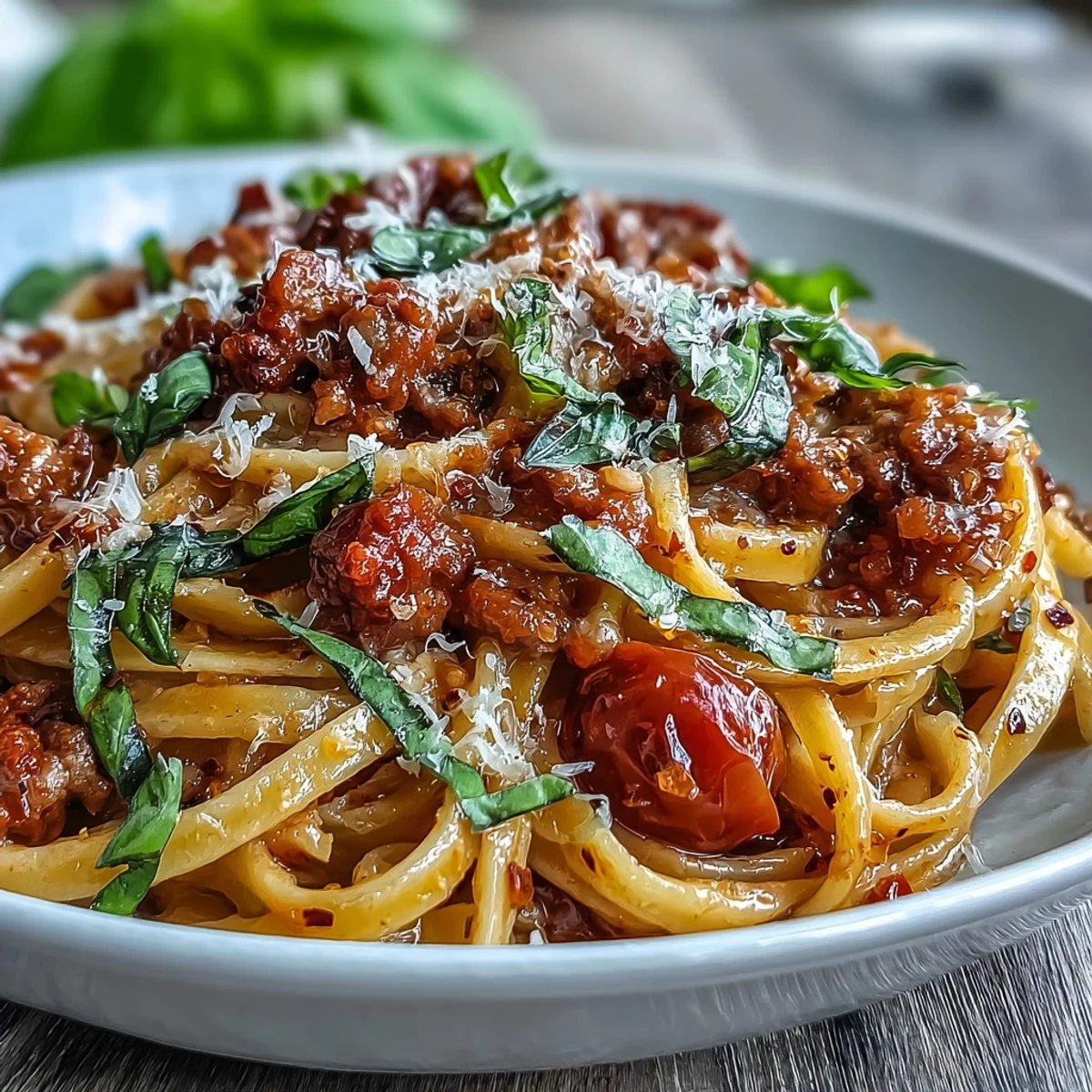 Garnished bowl of Italian Drunken Noodles featuring Parmesan cheese, fresh basil, and a vibrant Chianti tomato sauce.