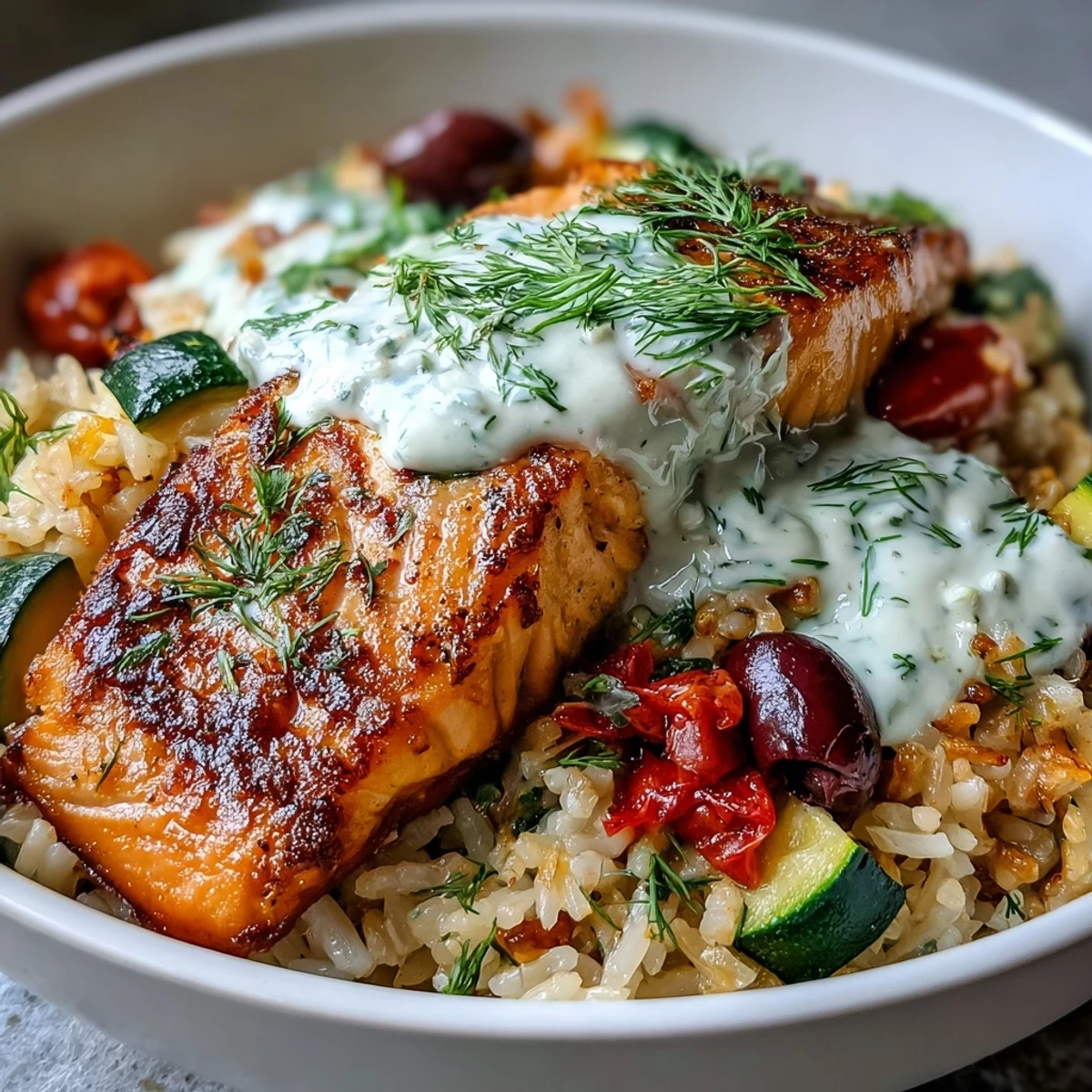 A vibrant Crispy rice salmon bowl showcases Mediterranean vegetables like cherry tomatoes and zucchini over crisp rice.