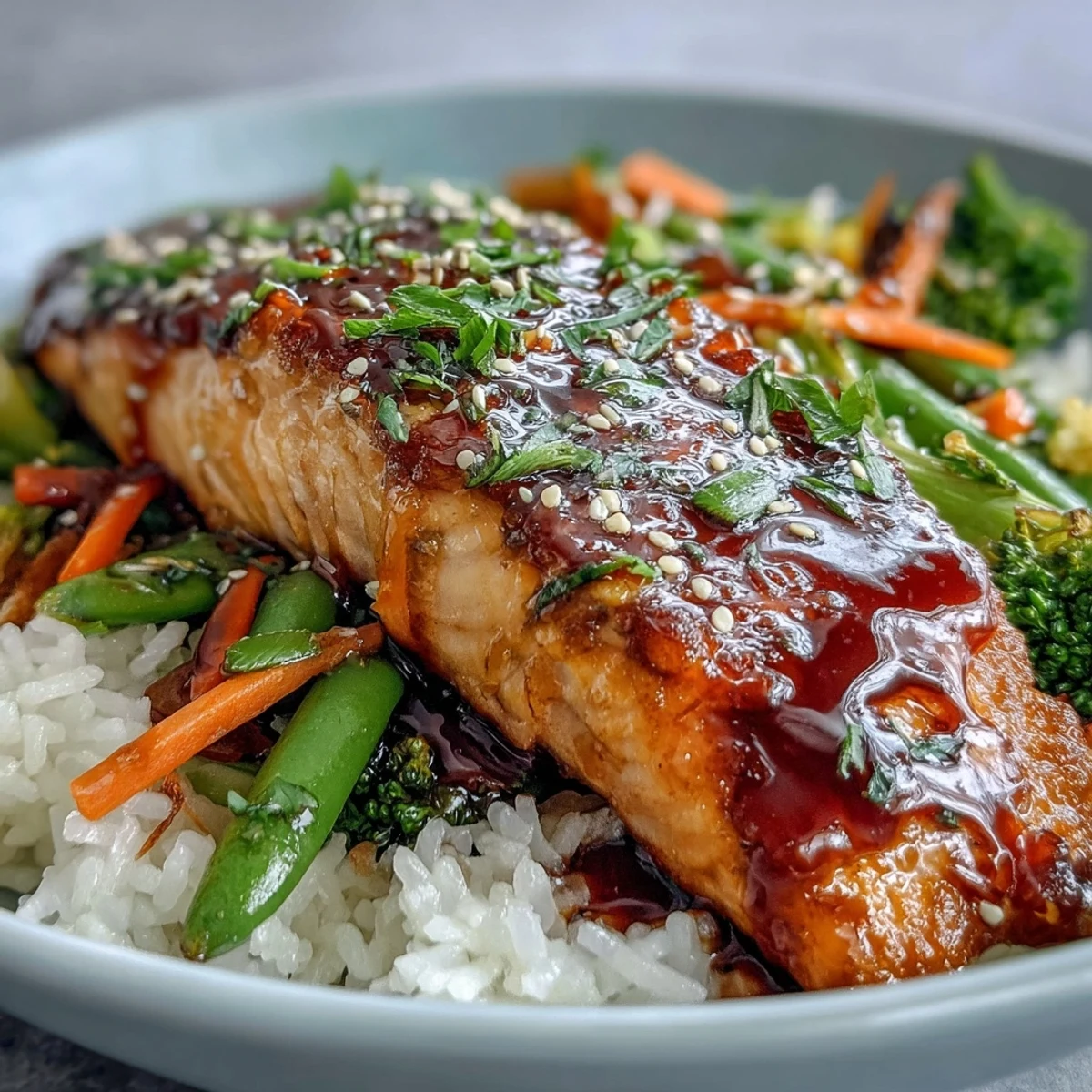 A close-up of the Teriyaki Salmon Bowl highlights the sticky sauce on tender salmon, contrasting with bright red bell peppers and julienned carrots.
