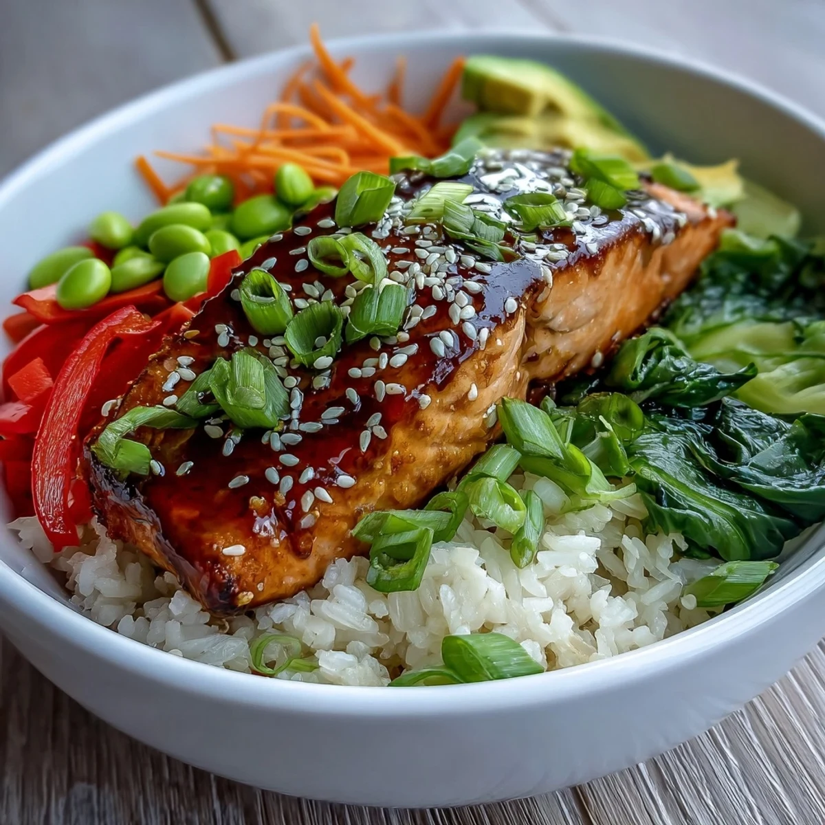 Flaky soy ginger salmon fillets glazed and resting atop fluffy white rice with crisp vegetables and sliced avocado.