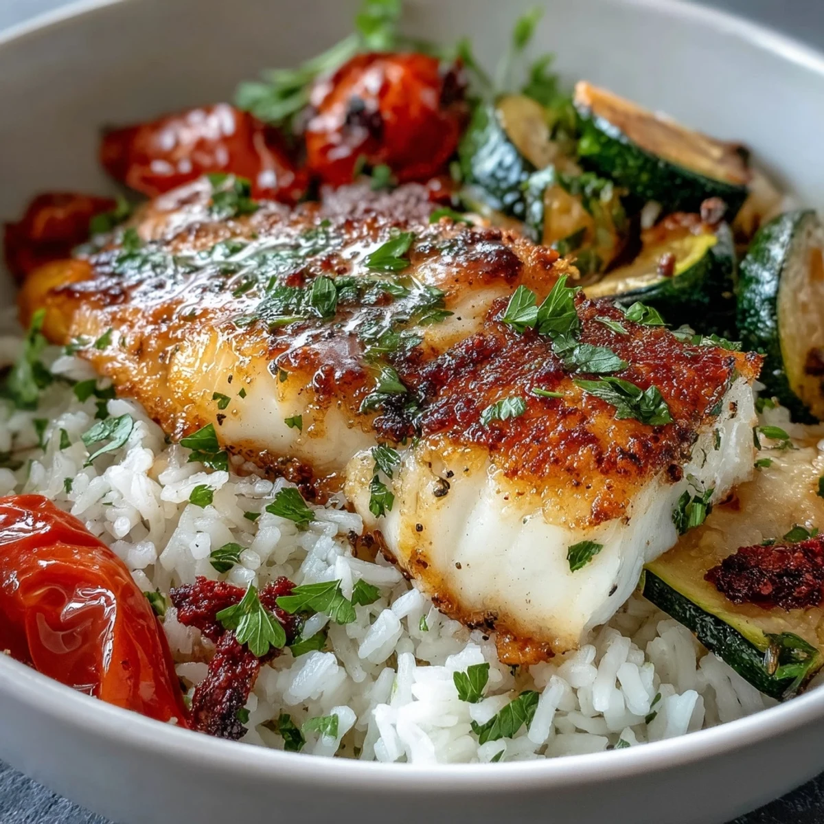 A close-up of the Pan-Seared Fish Bowl, showcasing flaky white fish, colorful roasted vegetables, and fresh parsley garnish on steamed rice.
