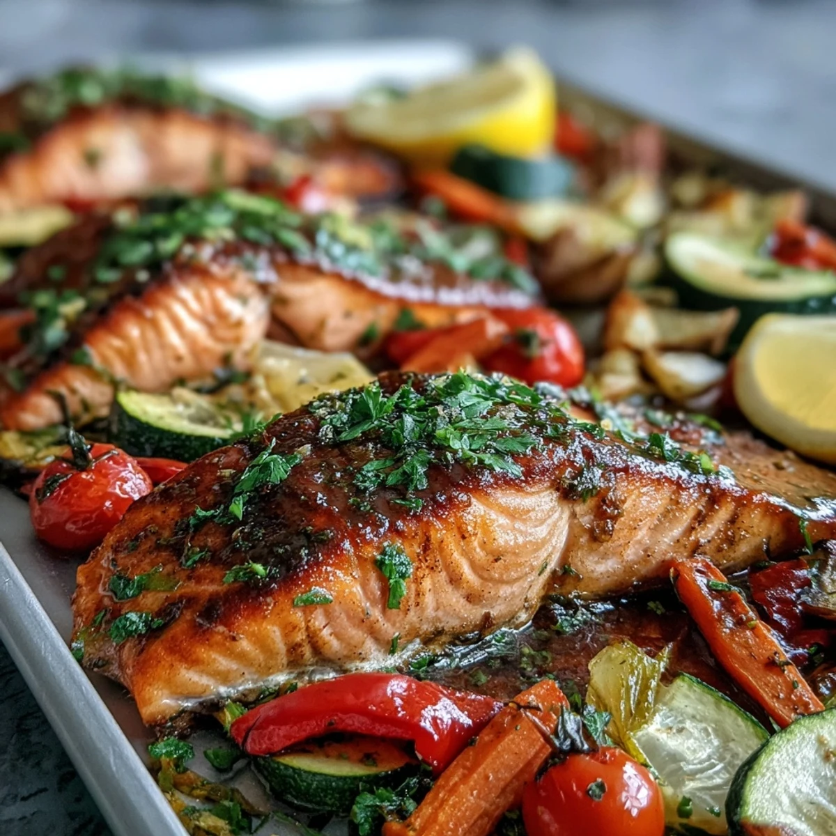 A close-up view of the Sheet Pan Salmon and Veggies Bowl, featuring caramelized bell peppers and tender salmon ready to serve.