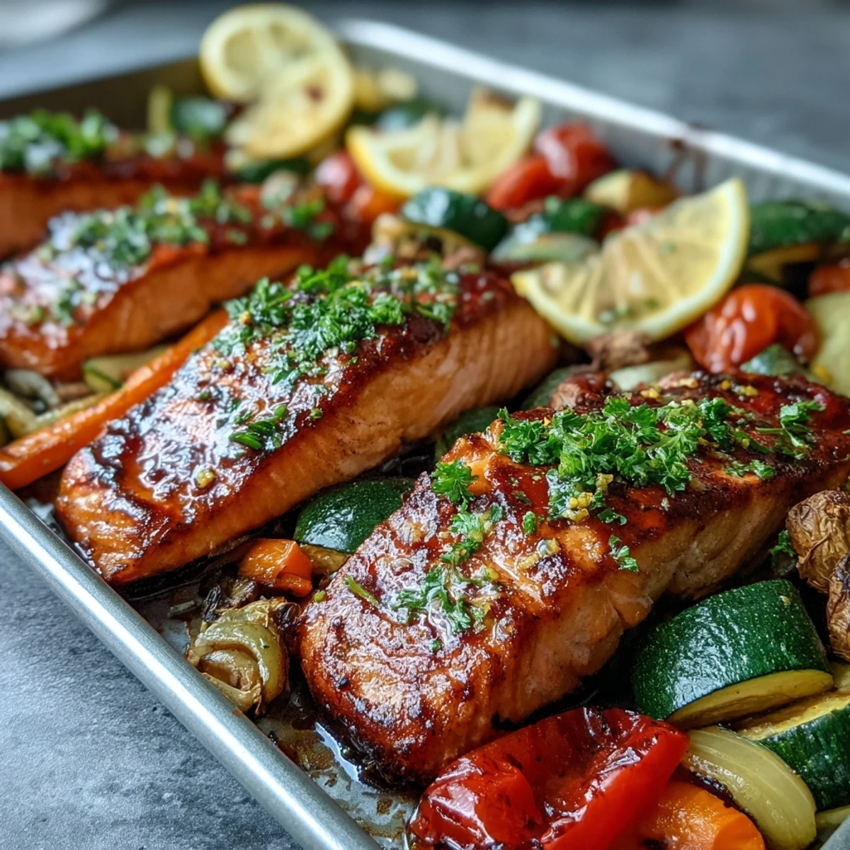Flaky roasted salmon fillets nestled among vibrant roasted veggies on a golden sheet pan, garnished with fresh parsley.