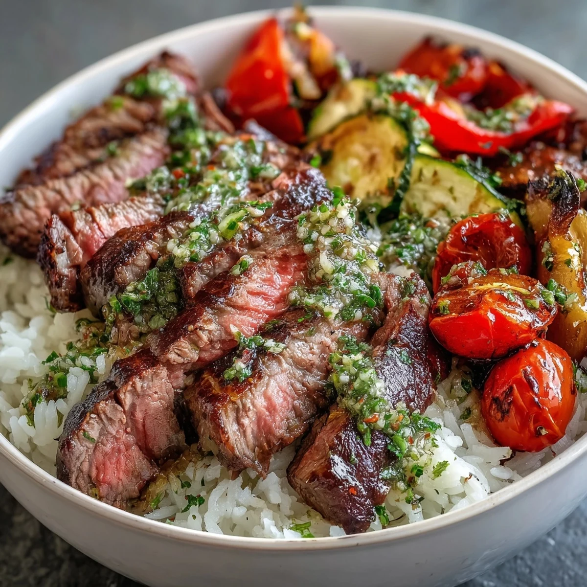 Hearty Grilled Steak Bowl features tender beef, golden roasted veggies, and fluffy rice, finished with a bright green chimichurri drizzle for dinner.  
