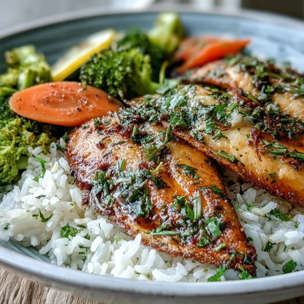 A top-down view of a wholesome Baked Tilapia Bowl, featuring herb-crusted fillets on fluffy rice with bright green broccoli and orange carrot rounds.