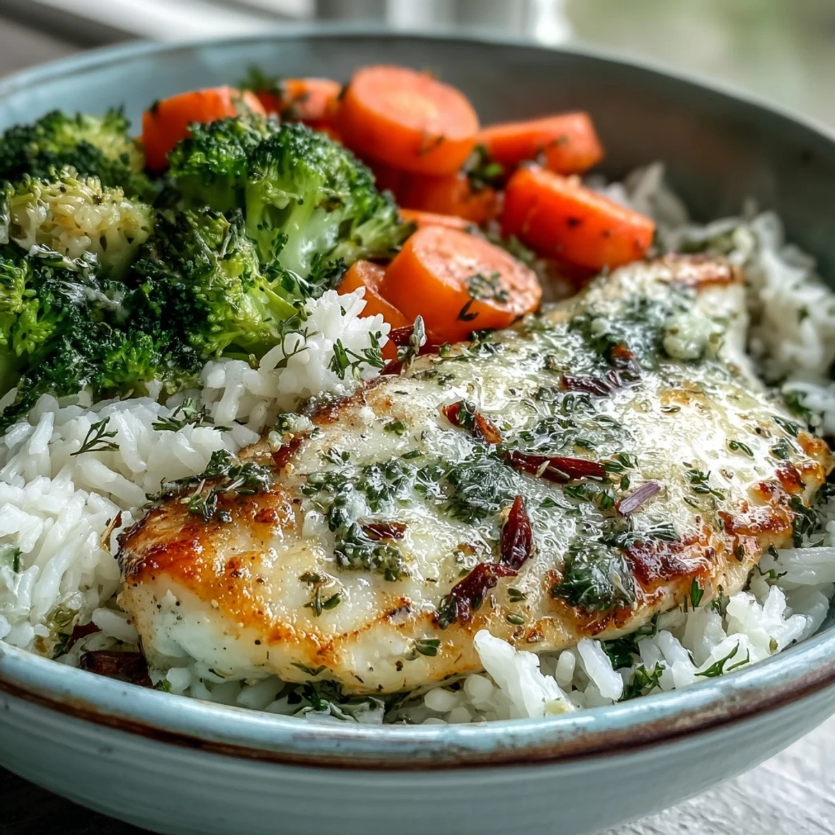 A vibrant serving suggestion of a Baked Tilapia Bowl, highlighting the light lemon-herb seasoning on the fish alongside colorful vegetables and grains.