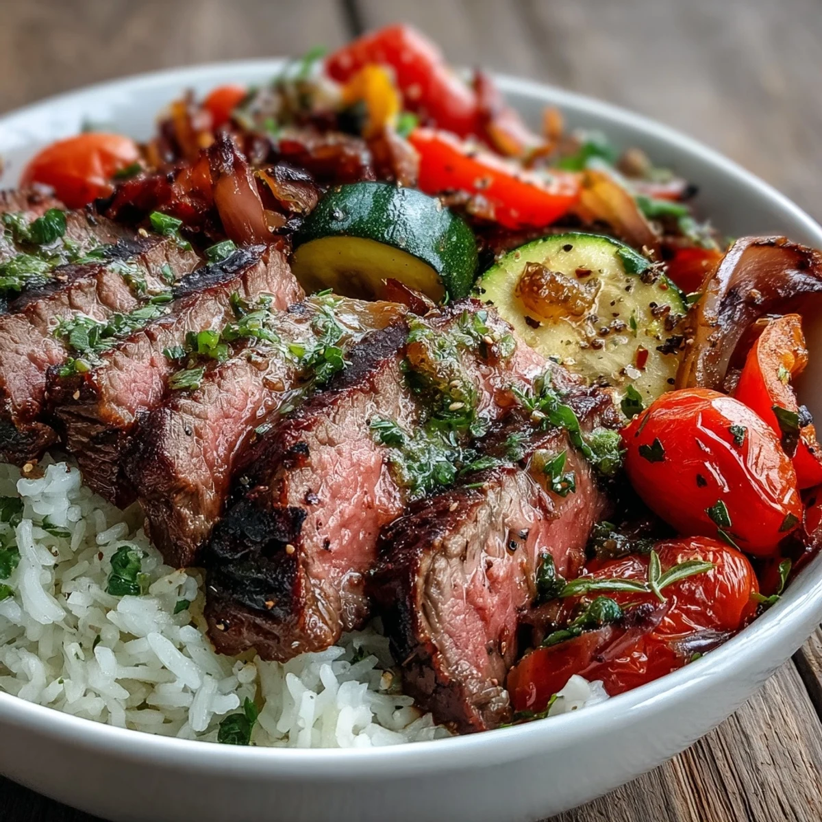 Juicy grilled steak and vibrant roasted veggies on fluffy rice from this easy Sheet Pan Steak and Veggie Bowl.