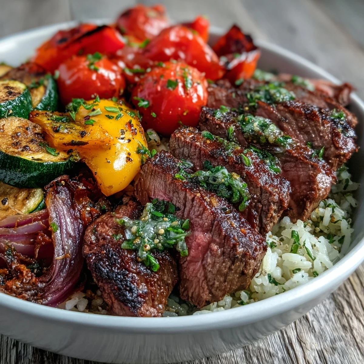 Golden roasted zucchini, cherry tomatoes, and seared steak served over steamed rice for a hearty Sheet Pan Steak and Veggie Bowl.