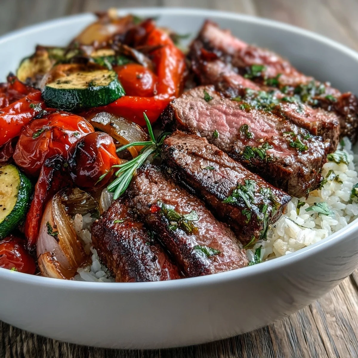 Sliced steak and colorful bell peppers garnished with herbs on a bed of jasmine rice in a Sheet Pan Steak and Veggie Bowl.